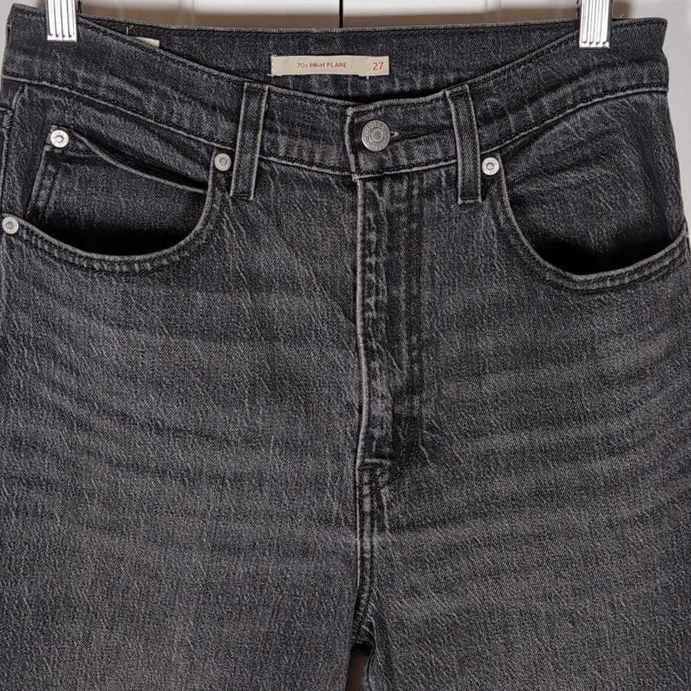 Levi's Premium 70s High Flare Jeans Washed Black Denim High Rise Wide Leg Retro - Picture 4 of 9